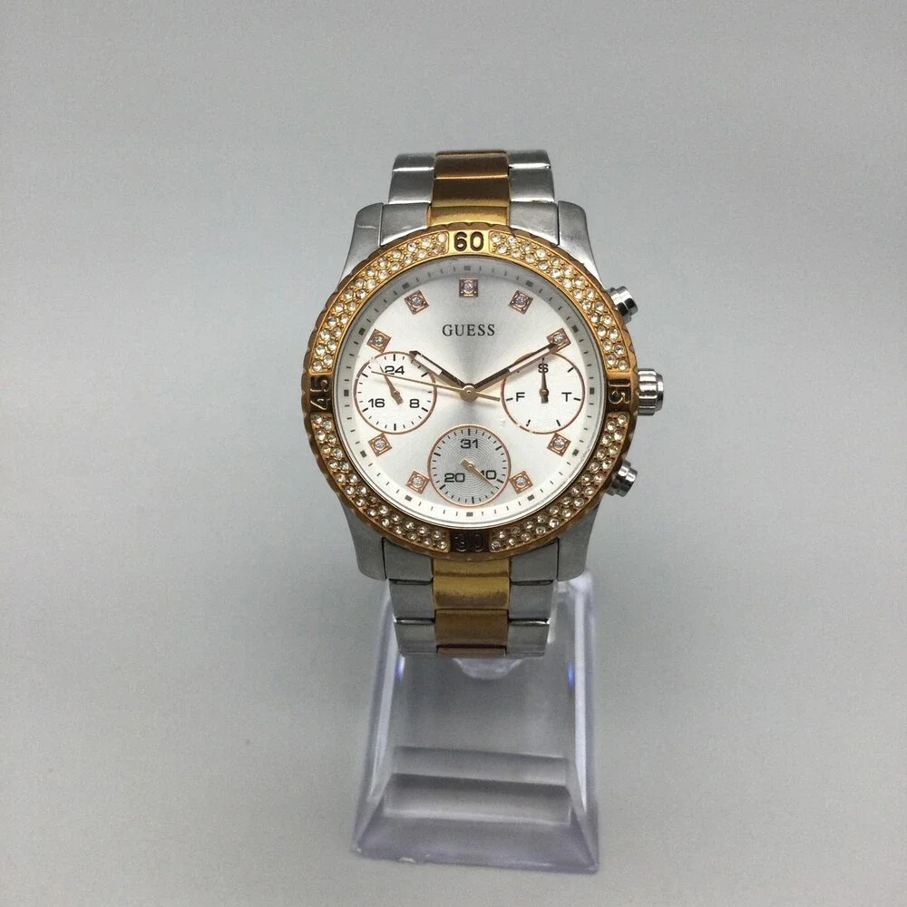 Guess Womens Watch 38mm Rose Gold Two Tone Crystal Bezel New Battery 6.5
